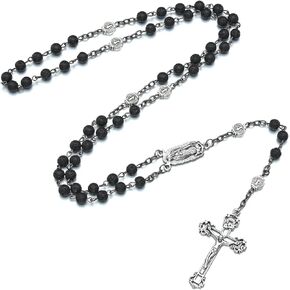 SALOMOCA Bead Rosary Necklace with Crucifix and Our Lady of Guadalupe Medal Black Volcanic Rock Beads Catholic Prayer Rosaries Necklaces Jewelry for Boys Men Gifts in Velvet Bag