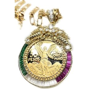 Fran & Co. Gold Plated Coin Centenario Mexicano Moneda 50 Pesos Pendant Chain CZ Oro Cadena 26"