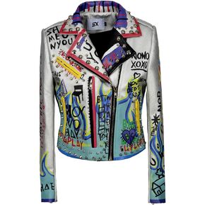 Fashion Women's Colorful Graffiti Sexy Punk Leather Motorcycle Jacket Classic Lapel Rivet Long Sleeve Outerwear Coat