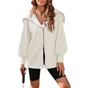 Viottiset Women's Oversized Sweatshirts Ribbed Full Zip Lapel Collar Sweatshirt Long Sleeve 2023 Fall Jacket Pockets
