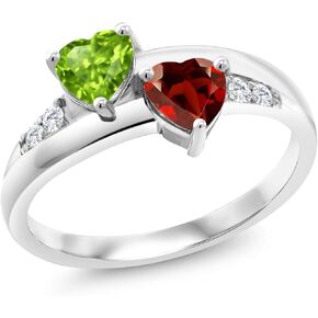 Gem Stone King 925 Sterling Silver Green Peridot Red Garnet and White Lab Grown Diamond Ring For Women (1.13 Cttw, Heart Shape 5MM, Available in size 5, 6, 7, 8, 9)