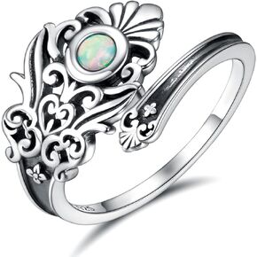 Sterling Silver Opal Spoon Ring - S925 Victorian Vintage Flower Thumb for Women