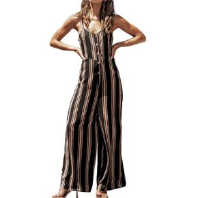 CUPSHE Women's V Neck Spaghetti Straps Belted Striped Romper Button Sleeveless Jumpsuit Wide leg Outfit in Saudi Arabia