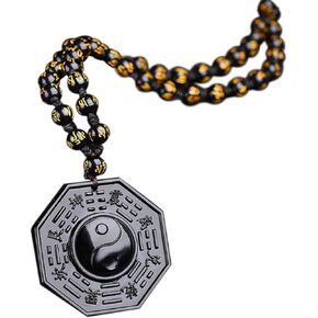 Lucky Hand Carved Black Obsidian Beads Chain Tai Chi Bagua Pendant Necklace Healing Adjustable Yin Yang Braided Rope Dragon Phoenix Amulet Necklace for Men Women Girl Boy Protection Jewelry