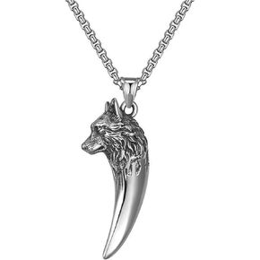 Spiritrain Wolf Animal Teeth Pendant Necklace for Men Boys Punk Cool Retro Viking Wolf Dog Head Tooth Totem Amulet Tribal Style Adjustable Chain Necklace for Rock Hip Hop Jewelry Gifts
