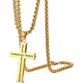 Cupimatch Philippians 4:13 Cross Pendant Necklace, Stainless Steel Strength Bible Verse Crucifix Jewelry with 22 inch Chain