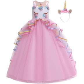 FMYFWY Unicorn Costume for Girls Birthday Pageant Party Dress Halloween Christmas Sleeveless Long Tulle Ball Gown w/Headband