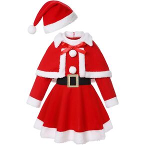 Viyorshop Girls Christmas Santa Costume Mrs Claus Costume Xmas Dress Up Party with Shawl Hat Belt