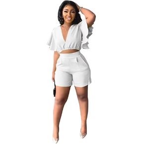 Fastkoala Sexy Two Piece Outfits for Women Summer Ruffle Short Sleeve V Neck Sweatsuits Crop Tops Shorts Jumpsuits Pants Sets