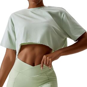 FEOYA Workout Crop Tops Short Sleeve Yoga Shirts Coton Casual Athletic Running T-Shirts Roll Hem