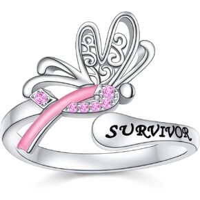 JZMSJF 925 Sterling Silver Breast Cancer Awareness Ring, Butterfly Pink Ribbon Rings with CZ Breast Cancer Survivor Jewelry Faith Inspirational Gifts for Women