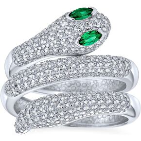 Bling Jewelry Egyptian Style Exotic Formal CZ Micro Pave Simulated Emerald Green Eye Wrapping Stackable Bypass Wrap Wide Statement Serpent Snake Ring For Women Open Adjustable .925 Sterling Sliver