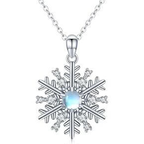 Midir&Etain Snowflake Necklace 925 Sterling Silver Snowflake Pendant Necklace Moonstone Snowflake Jewelry Birthday Christmas Gift for Women Girls