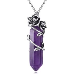 LUHE Amethyst Necklace Sterling Silver Amethyst Crystal Rose Pendant Necklace Amethyst Jewelry Gifts for Women Girls