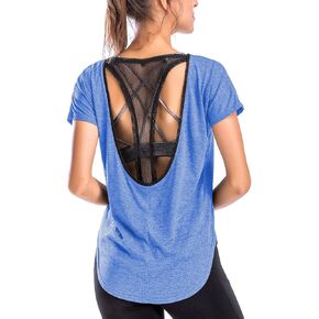 تي شيرت نسائي أساسي للتمرين تي شيرت نسائي رياضي مفتوح من الخلف وأكمام قصيرة لليوجا صيفي in Kuwait