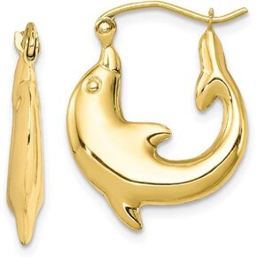 Solid 10k Yellow Gold Dolphin Hoop Earrings - 21mm x 17mm
