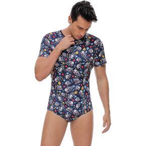 Mens Short Sleeve Bodysuit Romper Pajamas For Men Button Crotch Onesies-Shark Onesies