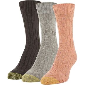 Gold Toe Women's Marled Rib Crew Socks, 3 Pairs, Bright Coral, Khaki Marl, Chocolate, Shoe Size: 6-9