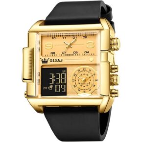 OLEVS Men's Sport Watch Large Face Digital & Analog Quartz Wrist Watch with LED Square Multi-Time Zone Waterproof Stopwatch