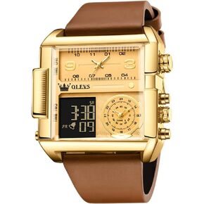 OLEVS Men's Sport Watch Large Face Digital & Analog Quartz Wrist Watch with LED Square Multi-Time Zone Waterproof Stopwatch