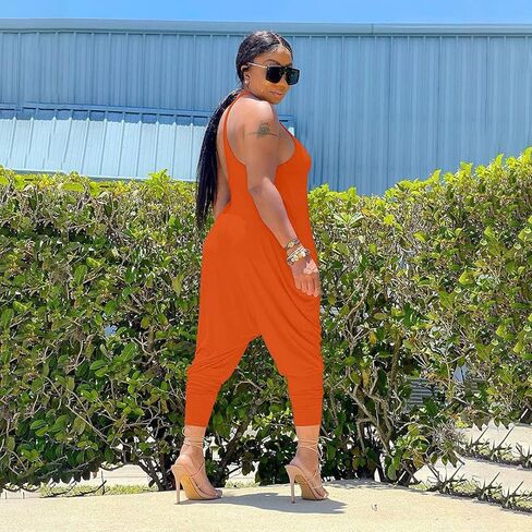 Women's Summer Slouchy Jumpsuits Spaghetti Strap Scoop Neck Racerback Harem Capris One Piece Outfit in Kuwait