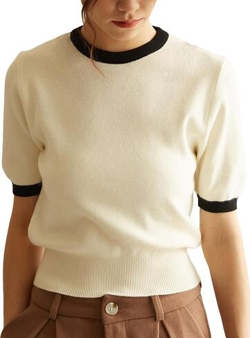 COZYEASE Women's Colorblock Short Sleeve Round Neck Tops Binding Knit Pullover Sweaters in Saudi Arabia