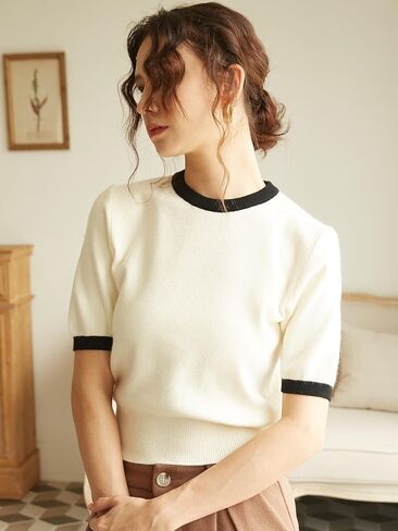 COZYEASE Women's Colorblock Short Sleeve Round Neck Tops Binding Knit Pullover Sweaters in Saudi Arabia