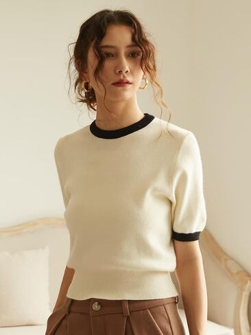 COZYEASE Women's Colorblock Short Sleeve Round Neck Tops Binding Knit Pullover Sweaters in Saudi Arabia