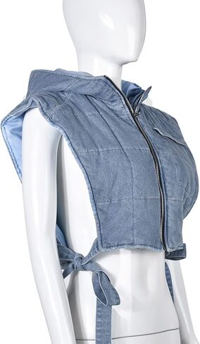 سترة نسائية من Dongfeng من قماش الدنيم المموه المنتفخ بدون أكمام وغطاء للرأس وكتف منسدل مثير ومربوط ومبطن منتفخ in Kuwait