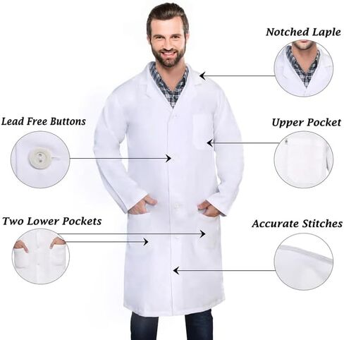 معطف مختبر للجنسين من DR Instruments DR201-L، 60% قطن، 40% بوليستر، معقم لمنع الانكماش، أبيض، مقاس L in Saudi Arabia