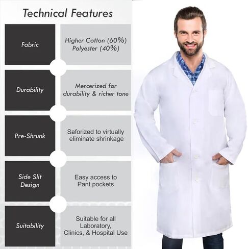 معطف مختبر للجنسين من DR Instruments DR201-L، 60% قطن، 40% بوليستر، معقم لمنع الانكماش، أبيض، مقاس L in Saudi Arabia