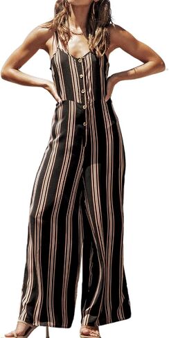 CUPSHE Women's V Neck Spaghetti Straps Belted Striped Romper Button Sleeveless Jumpsuit Wide leg Outfit in Saudi Arabia