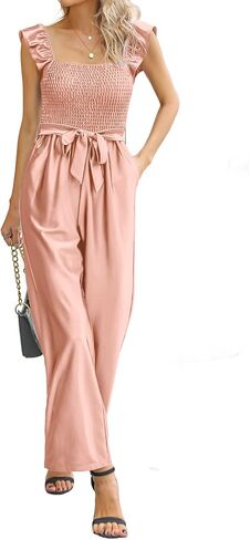 بدلة حريمي من الساتان من Chenthy برقبة مربعة وأكمام قصيرة وساق واسعة وسروال طويل مع جيوب للحزام in Kuwait