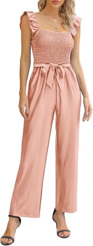 بدلة حريمي من الساتان من Chenthy برقبة مربعة وأكمام قصيرة وساق واسعة وسروال طويل مع جيوب للحزام in Kuwait