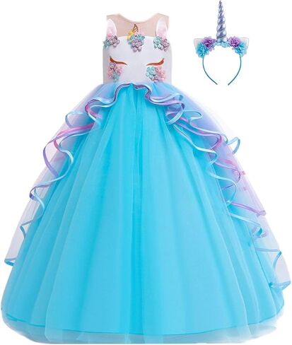 FMYFWY Unicorn Costume for Girls Birthday Pageant Party Dress Halloween Christmas Sleeveless Long Tulle Ball Gown w/Headband in Kuwait