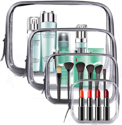 Meowoo Clear Travel Bags For Toiletries and Cosmetic, TSA Approved Clear Organizer Bags, Waterproof Pvc Clear Pouches For Airline Travel, Bathroom And Organizing (Black, XL+L+M+S 4pcs) in Kuwait