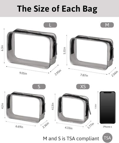 Meowoo Clear Travel Bags For Toiletries and Cosmetic, TSA Approved Clear Organizer Bags, Waterproof Pvc Clear Pouches For Airline Travel, Bathroom And Organizing (Black, XL+L+M+S 4pcs) in Kuwait