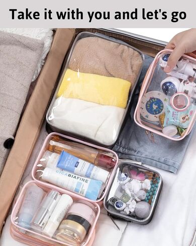 Meowoo Clear Travel Bags For Toiletries and Cosmetic, TSA Approved Clear Organizer Bags, Waterproof Pvc Clear Pouches For Airline Travel, Bathroom And Organizing (Black, XL+L+M+S 4pcs) in Kuwait