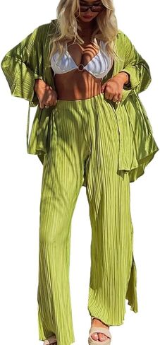 LYANER Women's 2 Piece Casual Outfits Button Down Long Sleeve Shirt and Wide Leg Slit Side Long Pants Set in Saudi Arabia