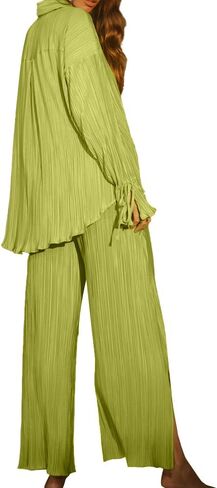 LYANER Women's 2 Piece Casual Outfits Button Down Long Sleeve Shirt and Wide Leg Slit Side Long Pants Set in Saudi Arabia