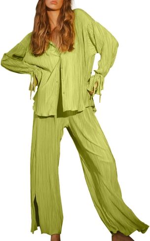 LYANER Women's 2 Piece Casual Outfits Button Down Long Sleeve Shirt and Wide Leg Slit Side Long Pants Set in Saudi Arabia