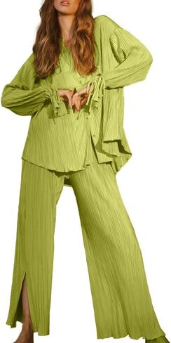 LYANER Women's 2 Piece Casual Outfits Button Down Long Sleeve Shirt and Wide Leg Slit Side Long Pants Set in Saudi Arabia