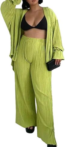 LYANER Women's 2 Piece Casual Outfits Button Down Long Sleeve Shirt and Wide Leg Slit Side Long Pants Set in Saudi Arabia
