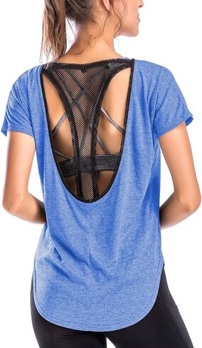 تي شيرت نسائي أساسي للتمرين تي شيرت نسائي رياضي مفتوح من الخلف وأكمام قصيرة لليوجا صيفي in Kuwait