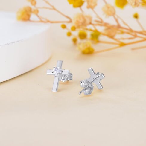 SISGEM 14k Gold Created Moissanite Cross Stud Earrings for Women, Real 14kt Gold Religious Earrings for Her in Saudi Arabia