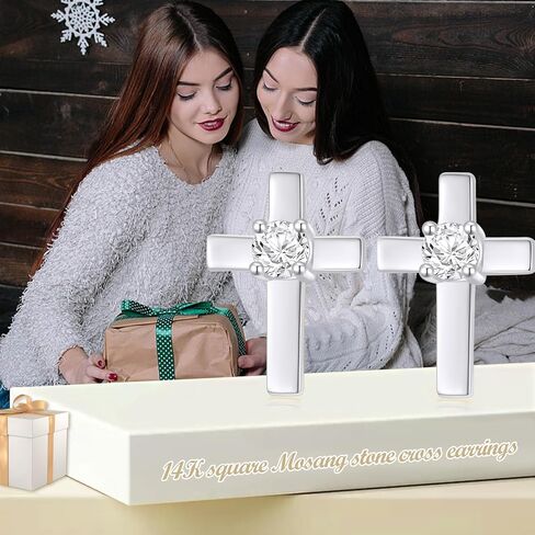 SISGEM 14k Gold Created Moissanite Cross Stud Earrings for Women, Real 14kt Gold Religious Earrings for Her in Saudi Arabia