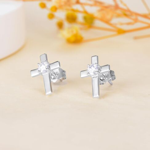 SISGEM 14k Gold Created Moissanite Cross Stud Earrings for Women, Real 14kt Gold Religious Earrings for Her in Saudi Arabia