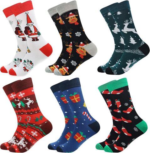 Mens Christmas Socks, Funny Novelty Funky Dress Socks Crazy Fashion Cool Holiday Gifts for Men 6 Pairs in Kuwait