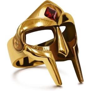 Yumikoo DOOM Mask Ring for Men Gladiator Style Ruby Golden Titanium Stainless Steel Ring