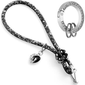 Rhinestone Leather Clover Leaf Crystal Car Keychain for Women Bling Wrist Lanyard Key Ring Glitter HandBag Purse Charm Decor